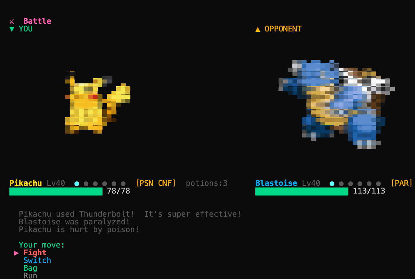 Battle showing paralysis, poison and confusion status effects